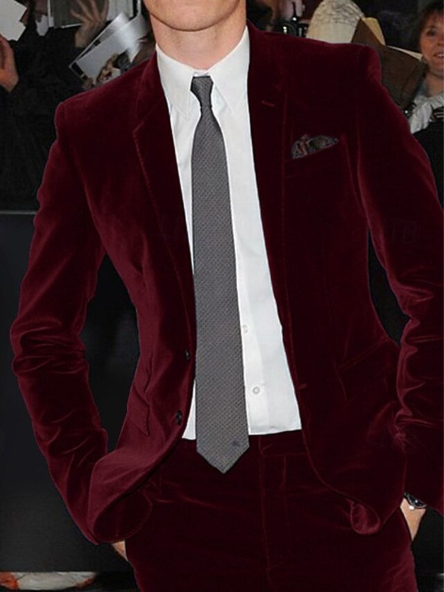 Men's Solid Burgundy Velvet Two-Button Single-Breasted Party Wedding Jacket