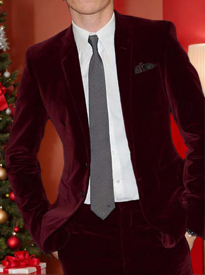 Men's Solid Burgundy Velvet Two-Button Single-Breasted Party Wedding Jacket