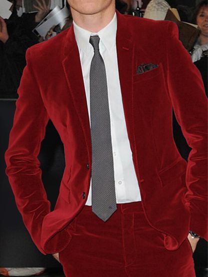 Men's Solid Burgundy Velvet Two-Button Single-Breasted Party Wedding Jacket