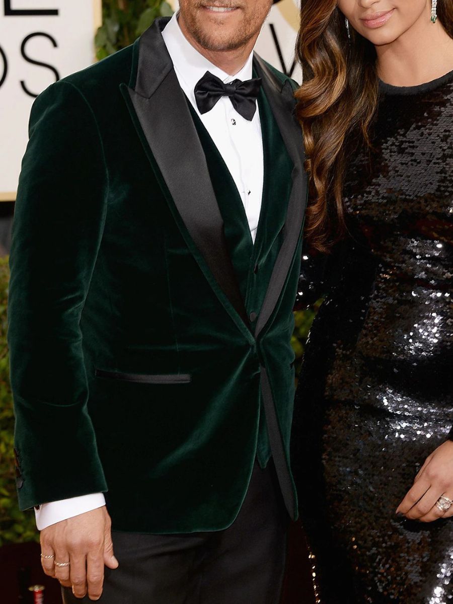 Single-Button Solid Dark Green Velvet Suit For Men