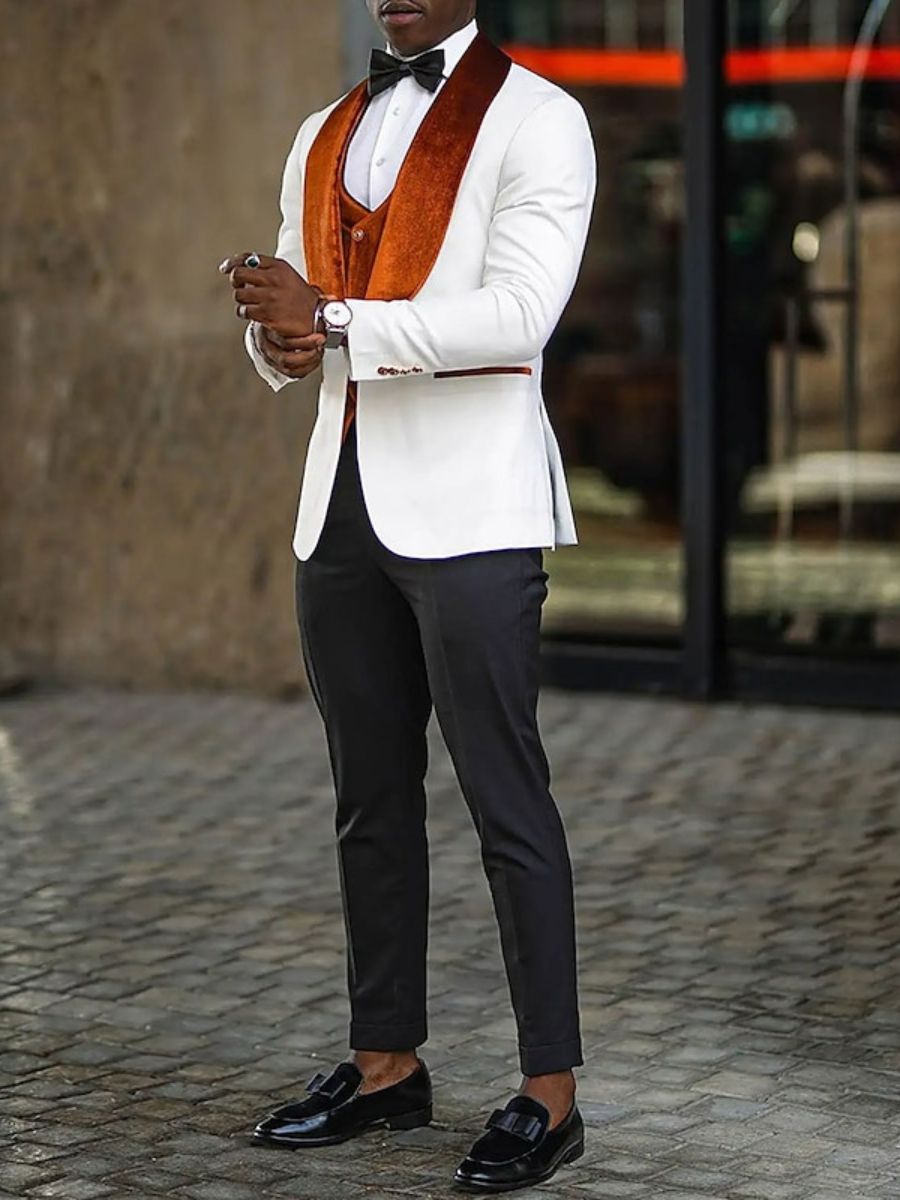Elegant One-Button Velvet Suit For Men With Shawl Collar