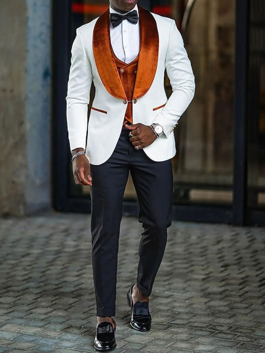 Elegant One-Button Velvet Suit For Men With Shawl Collar