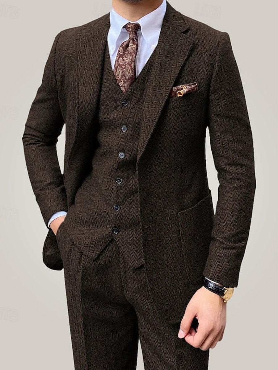 Men's Brown 3-Piece Single-Breasted Two-Button Suit For Weddings And Daily Wear