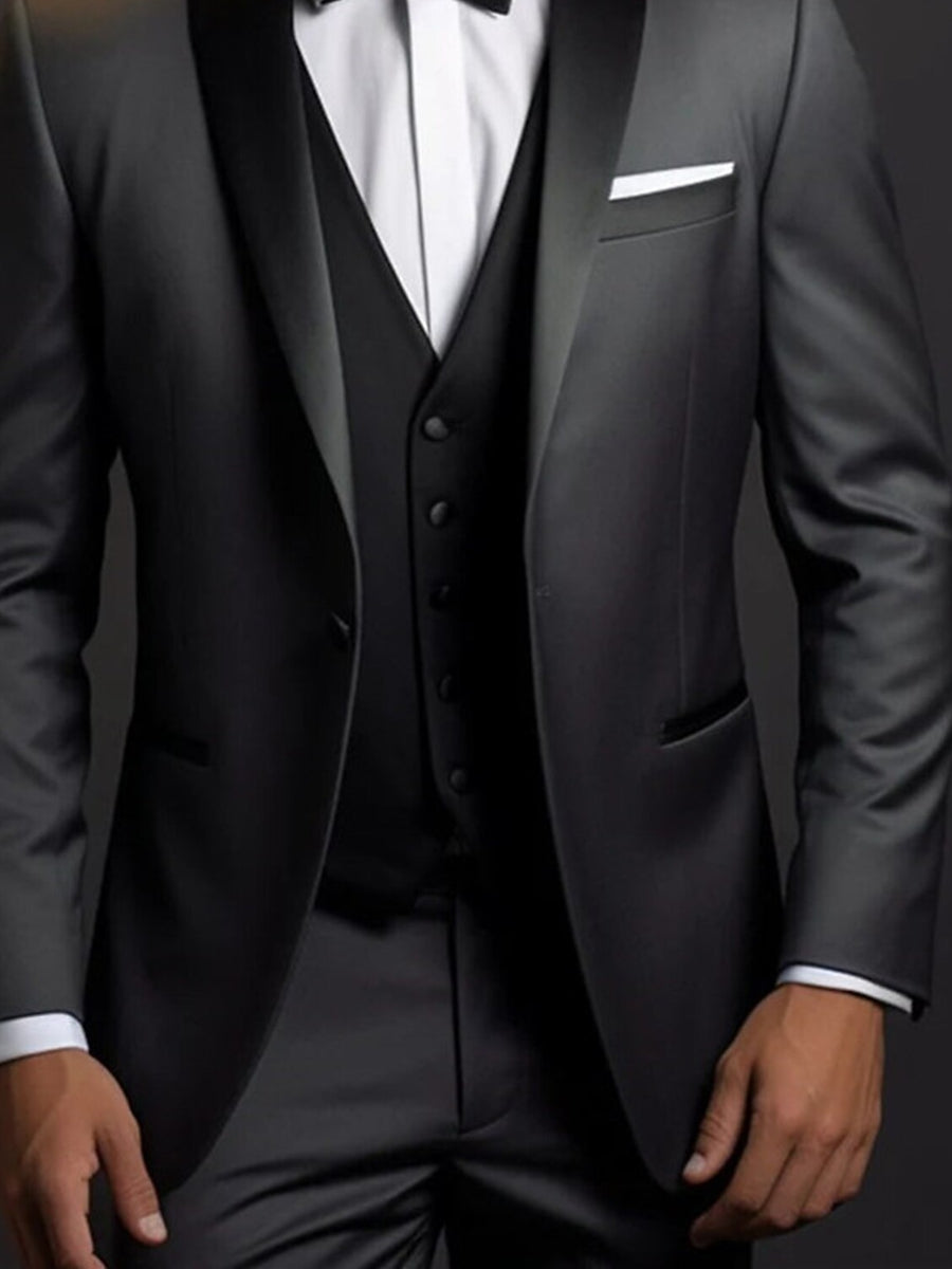 Three-Piece Black Single-Button Suit For Men's Weddings And Events