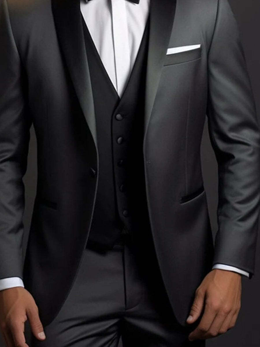 Three-Piece Black Single-Button Suit For Men's Weddings And Events