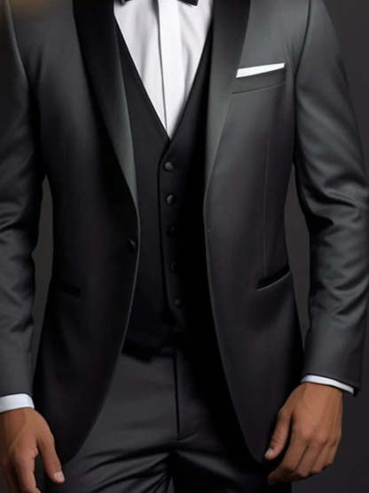 Three-Piece Black Single-Button Suit For Men's Weddings And Events
