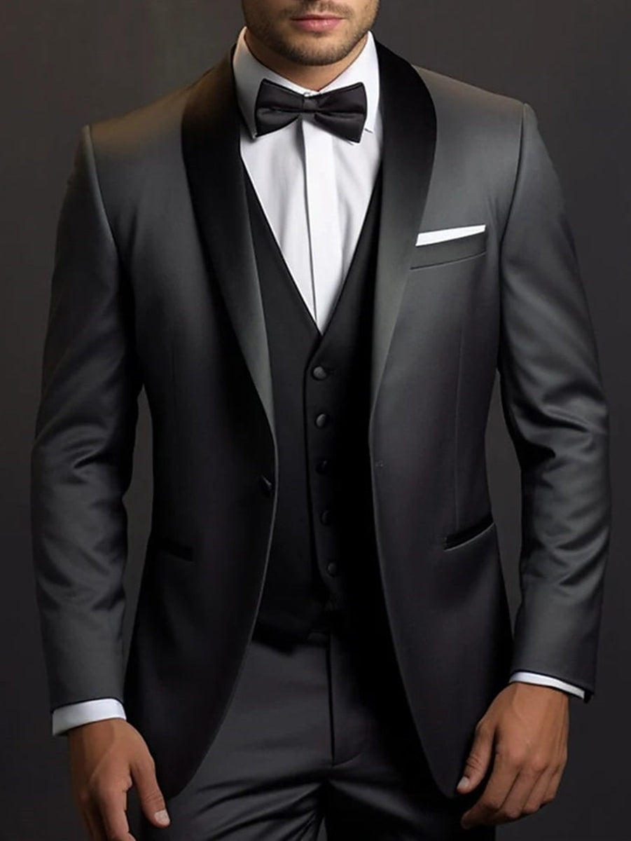 Three-Piece Black Single-Button Suit For Men's Weddings And Events