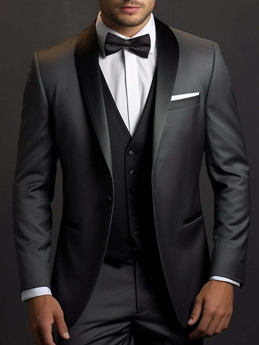 Three-Piece Black Single-Button Suit For Men's Weddings And Events