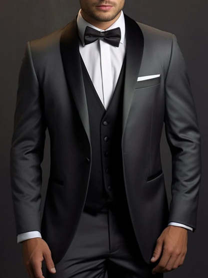 Three-Piece Black Single-Button Suit For Men's Weddings And Events