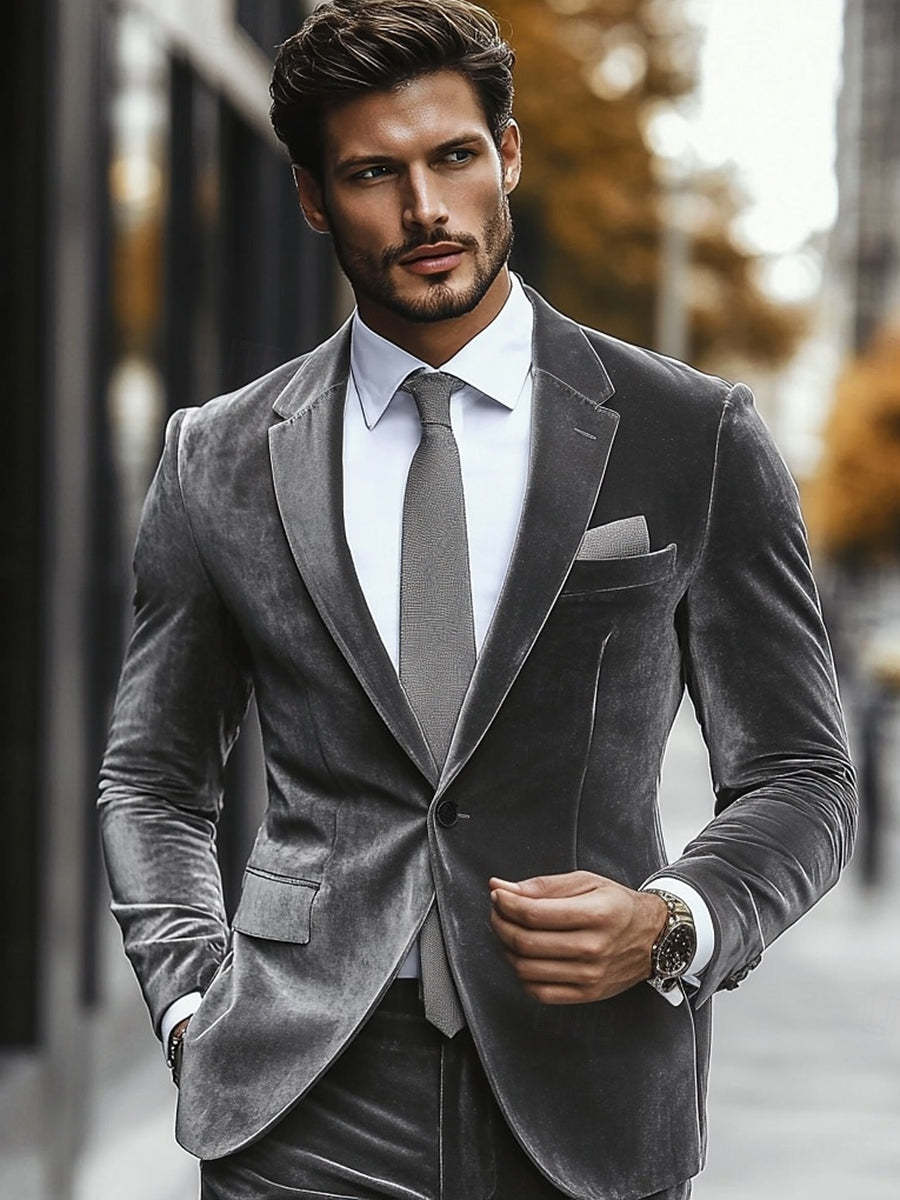 Single-Button Gray Velvet Men's Suit For Weddings And Casual Wear