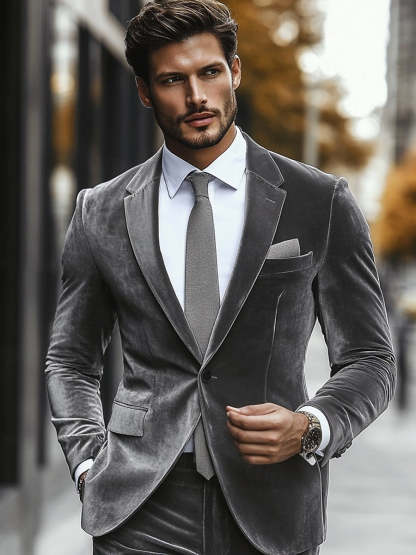 Single-Button Gray Velvet Men's Suit For Weddings And Casual Wear