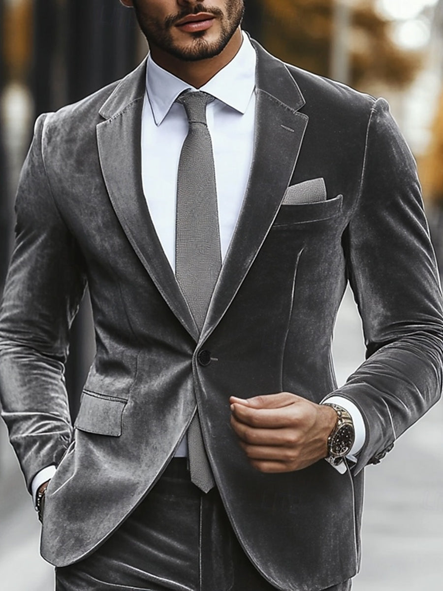 Single-Button Gray Velvet Men's Suit For Weddings And Casual Wear