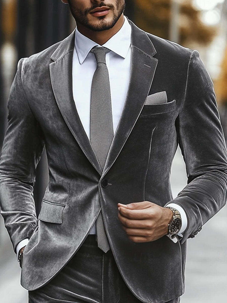Single-Button Gray Velvet Men's Suit For Weddings And Casual Wear