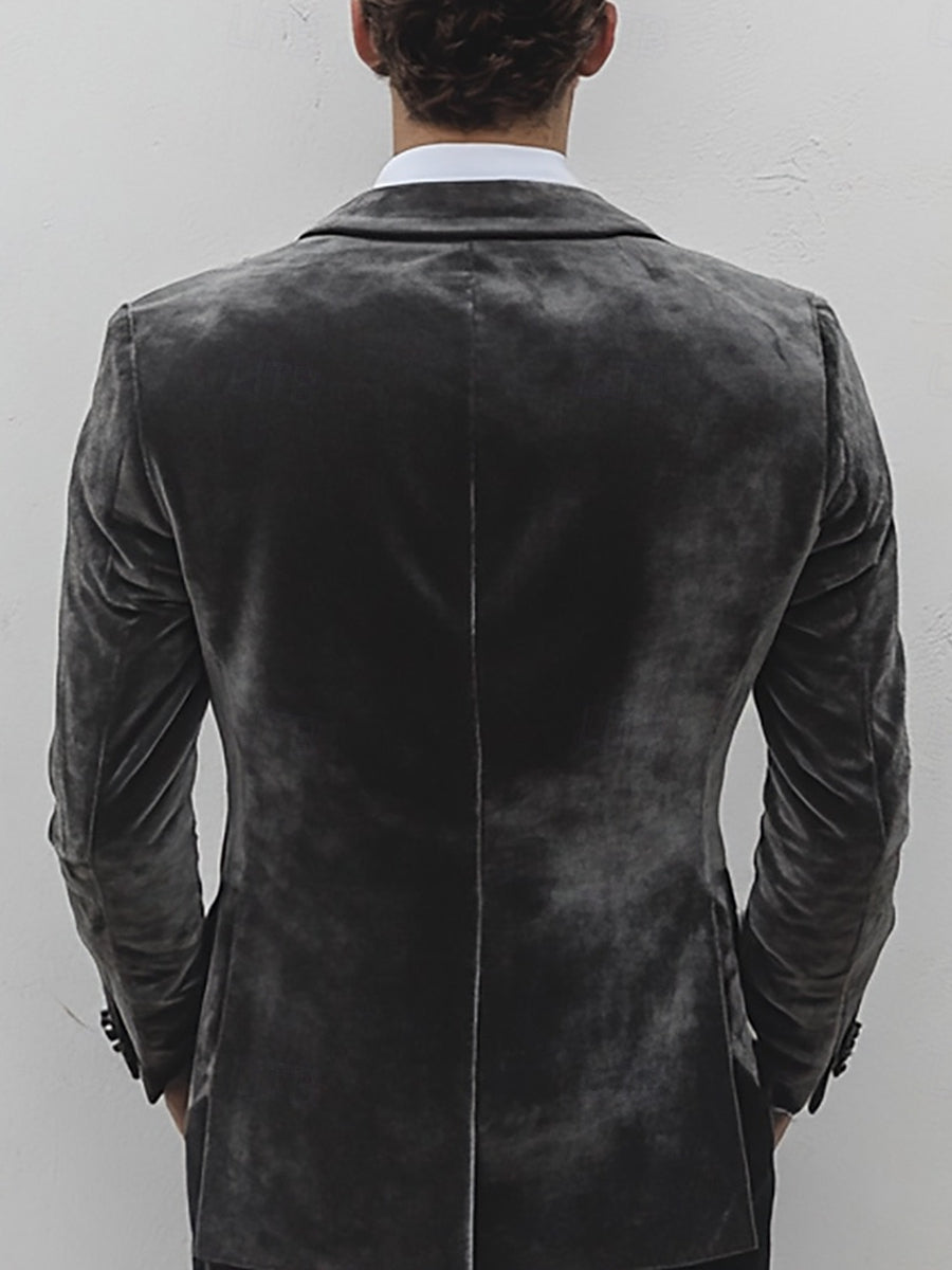 Single-Button Gray Velvet Men's Suit For Weddings And Casual Wear