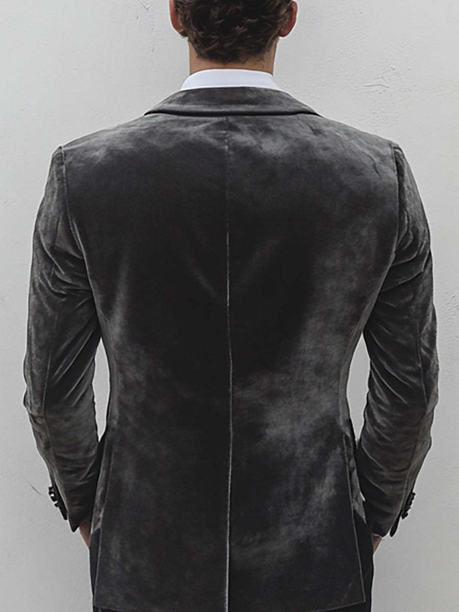 Single-Button Gray Velvet Men's Suit For Weddings And Casual Wear