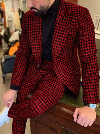 Men's Retro Stylish Black Red Tweed Single-Button Casual Party Suit