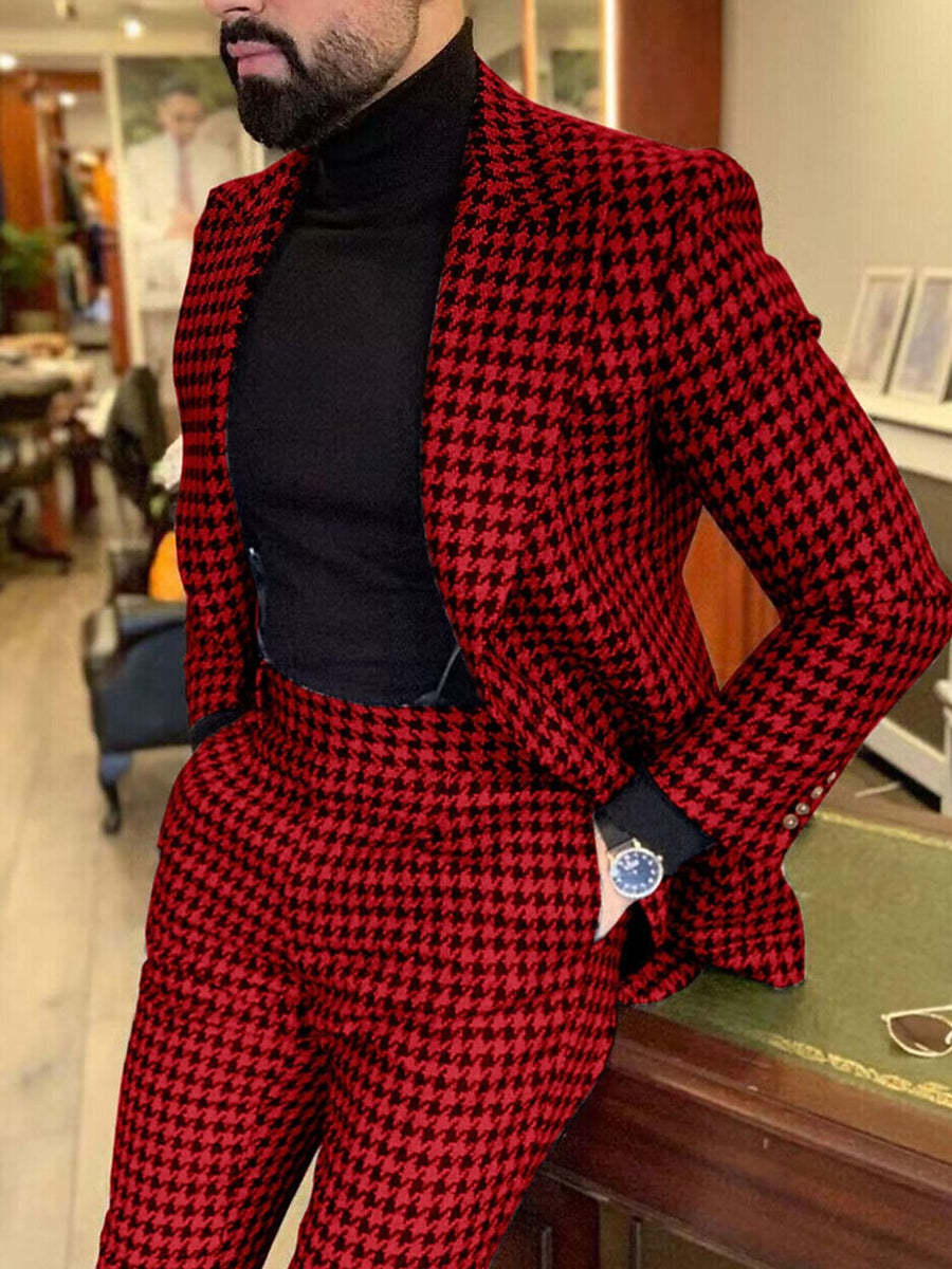 Men's Retro Stylish Black Red Tweed Single-Button Casual Party Suit