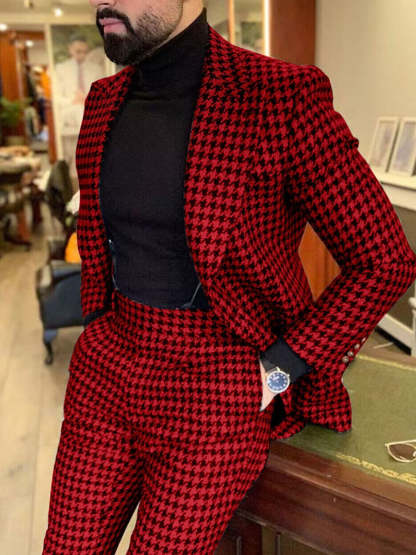 Men's Retro Stylish Black Red Tweed Single-Button Casual Party Suit