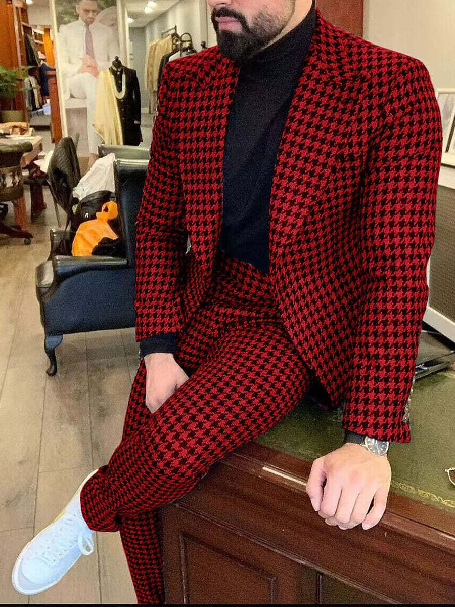 Men's Retro Stylish Black Red Tweed Single-Button Casual Party Suit