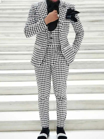 Men's Retro Black And White Tweed Single-Button Suit For Casual Or Wedding Parties