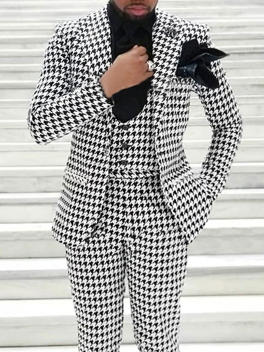 Men's Retro Black And White Tweed Single-Button Suit For Casual Or Wedding Parties