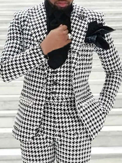 Men's Retro Black And White Tweed Single-Button Suit For Casual Or Wedding Parties