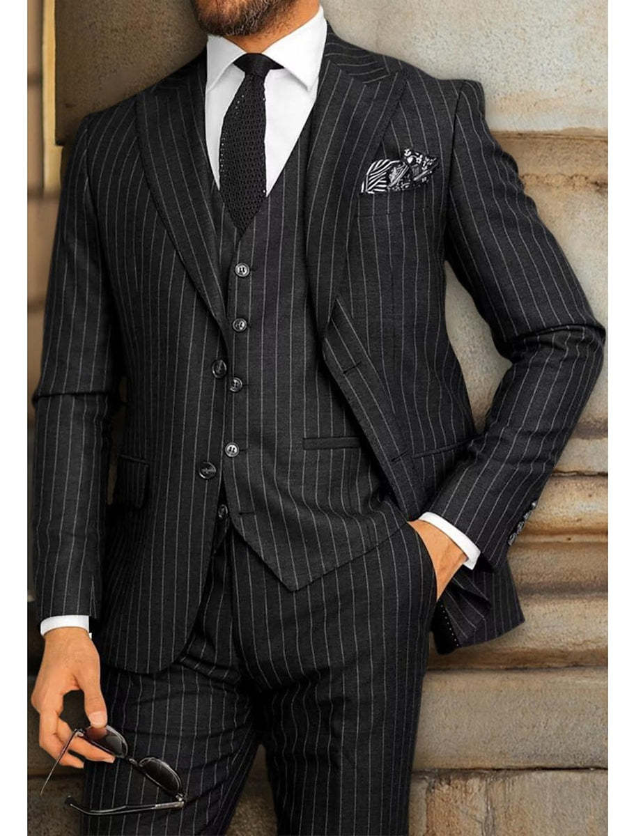 Men's Black Single-Breasted Two-Button Striped Suit For Weddings And Parties