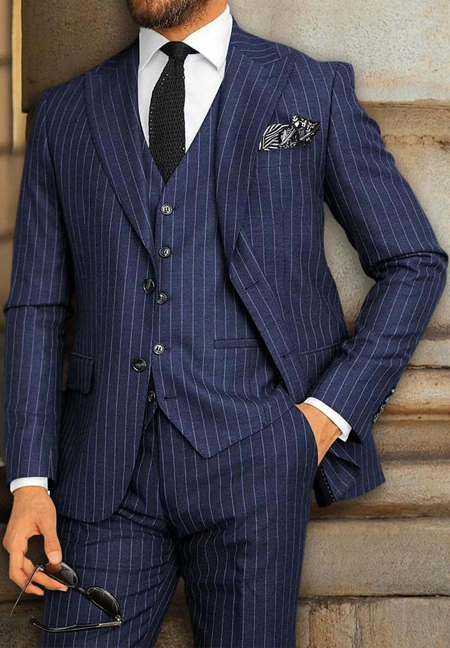 Men's Black Single-Breasted Two-Button Striped Suit For Weddings And Parties