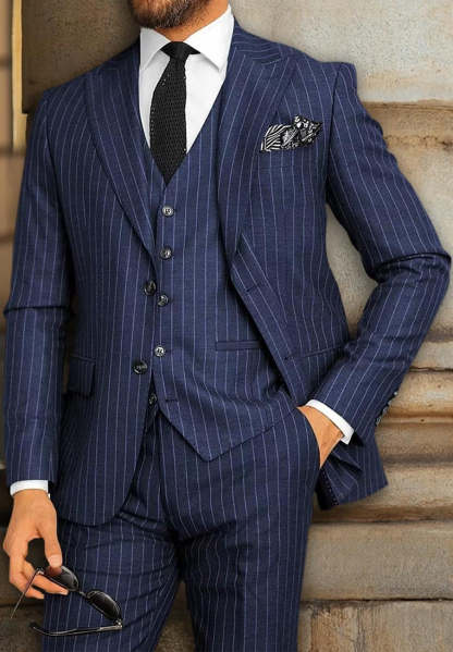 Men's Black Single-Breasted Two-Button Striped Suit For Weddings And Parties