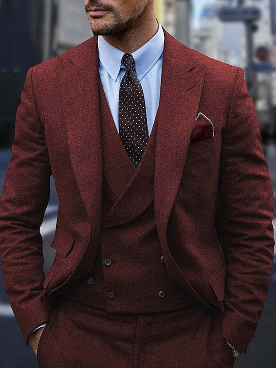 Men's Single Breasted Two-Button Wedding Suits In Dark Gray Peak Tweed