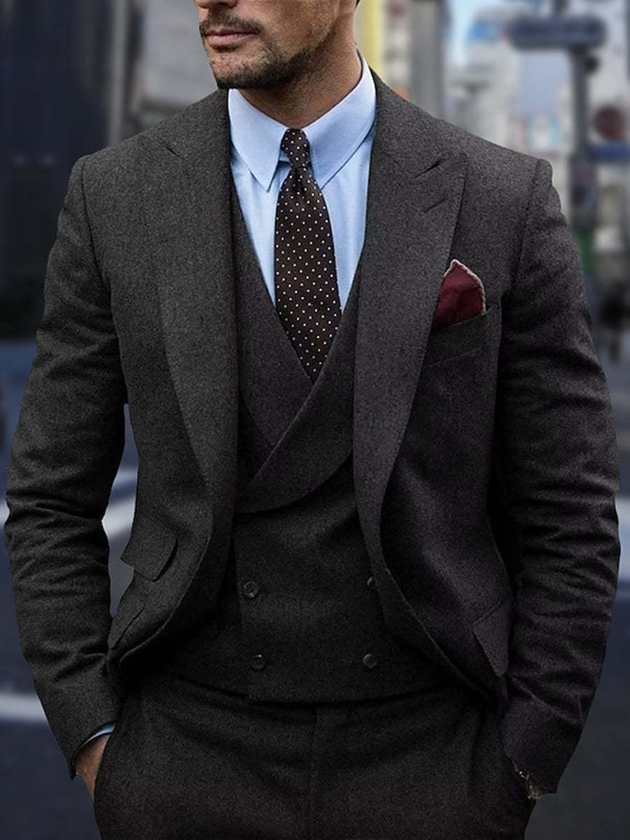 Men's Single Breasted Two-Button Wedding Suits In Dark Gray Peak Tweed