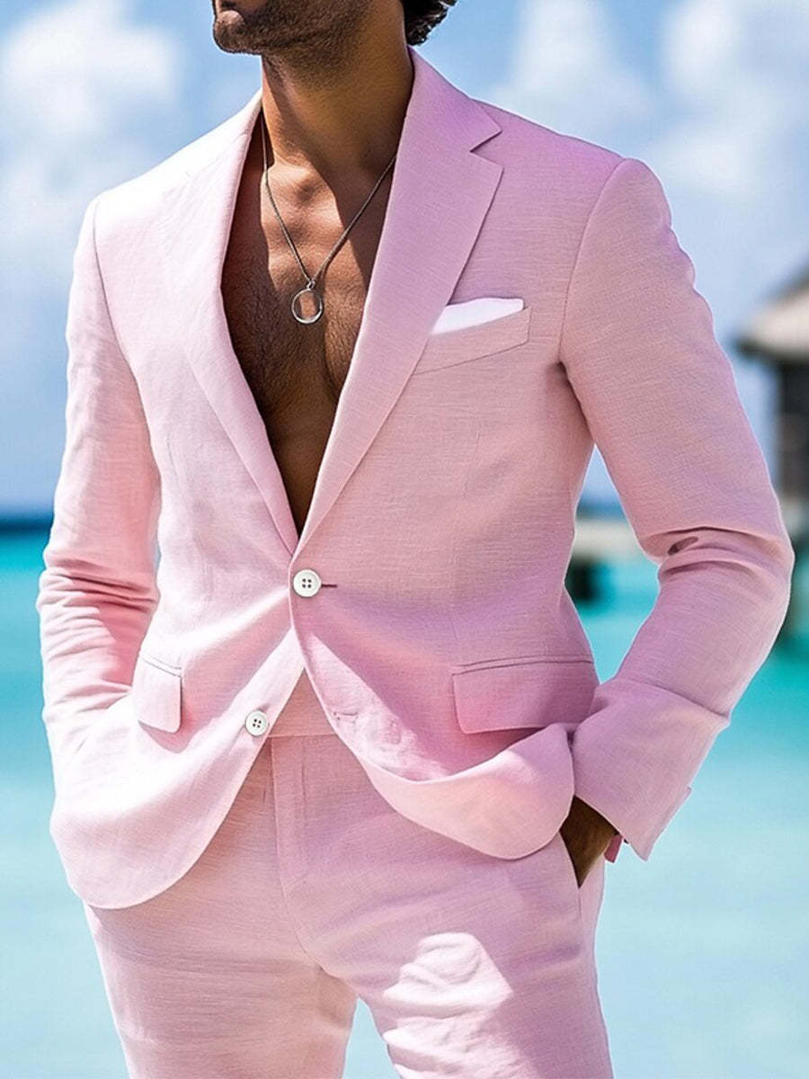 Men's Pink Tailored Fit 2-Piece Single-Breasted Suit For Beach Or Wedding