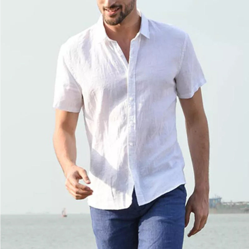 Solid Color Cotton Shirt For Men With Short Sleeves