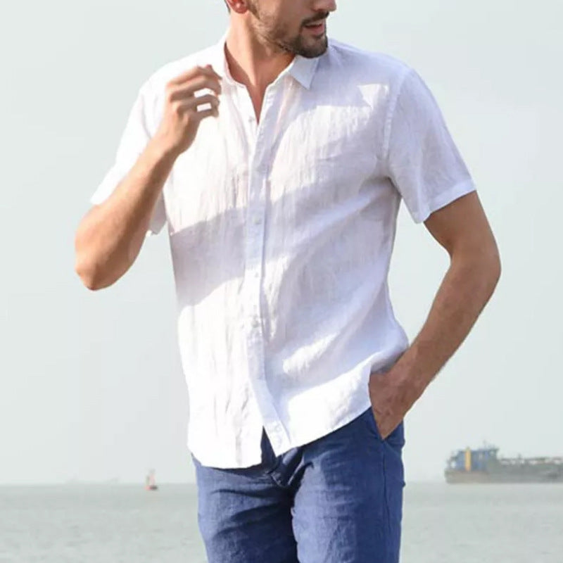 Solid Color Cotton Shirt For Men With Short Sleeves