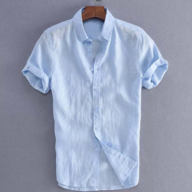 Solid Color Cotton Shirt For Men With Short Sleeves