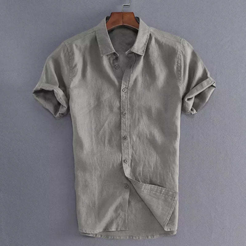 Solid Color Cotton Shirt For Men With Short Sleeves