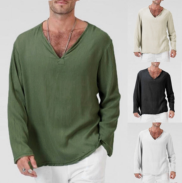 Solid Color V-Neck Long Sleeve Casual Shirt For Men