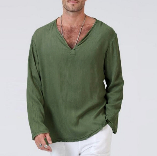Solid Color V-Neck Long Sleeve Casual Shirt For Men