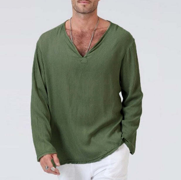 Solid Color V-Neck Long Sleeve Casual Shirt For Men