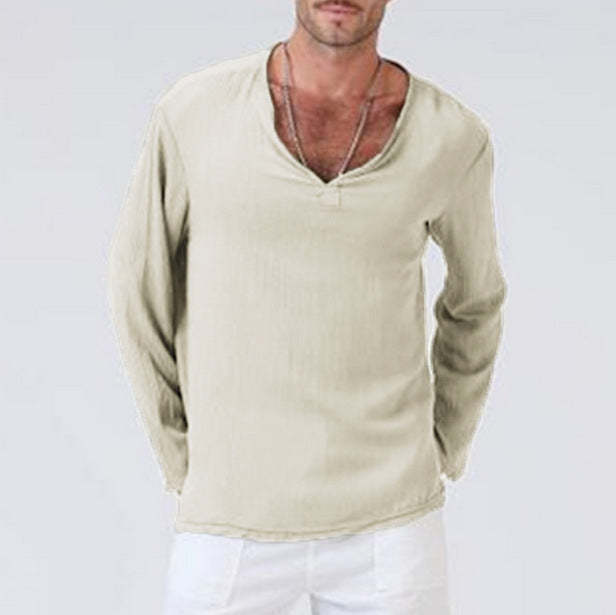 Solid Color V-Neck Long Sleeve Casual Shirt For Men
