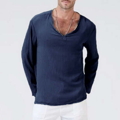 Solid Color V-Neck Long Sleeve Casual Shirt For Men