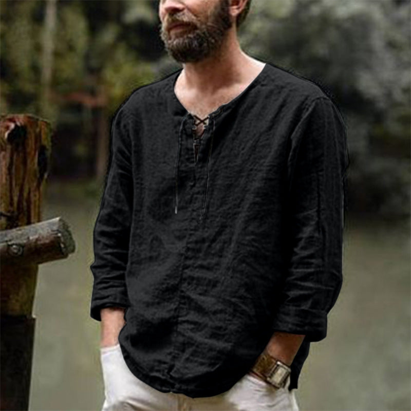 Solid Color Long Sleeve Casual Shirt For Men With Round Neck