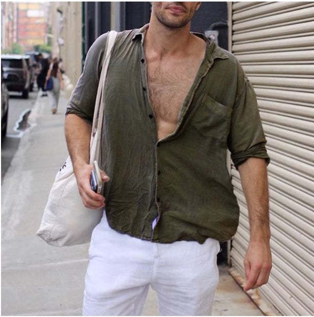 Casual Solid Color Shirt For Men With Lapel And Long Sleeves