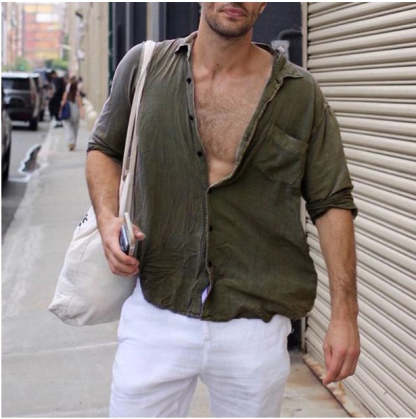 Casual Solid Color Shirt For Men With Lapel And Long Sleeves