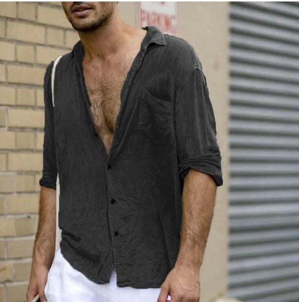 Casual Solid Color Shirt For Men With Lapel And Long Sleeves