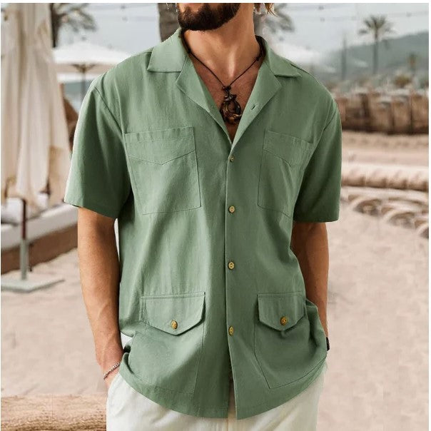 Casual Short-Sleeve Solid Color Shirt With Pockets For Men