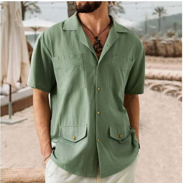 Casual Short-Sleeve Solid Color Shirt With Pockets For Men