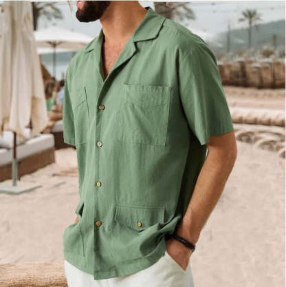 Casual Short-Sleeve Solid Color Shirt With Pockets For Men