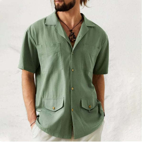 Casual Short-Sleeve Solid Color Shirt With Pockets For Men