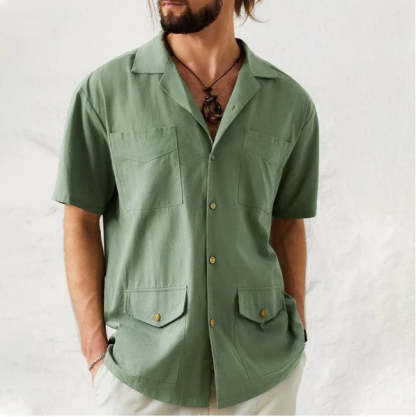 Casual Short-Sleeve Solid Color Shirt With Pockets For Men